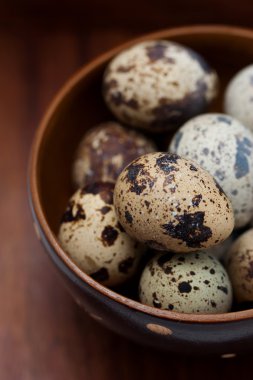 ahşap zemin ahşap bir kasede bıldırcın yumurtası