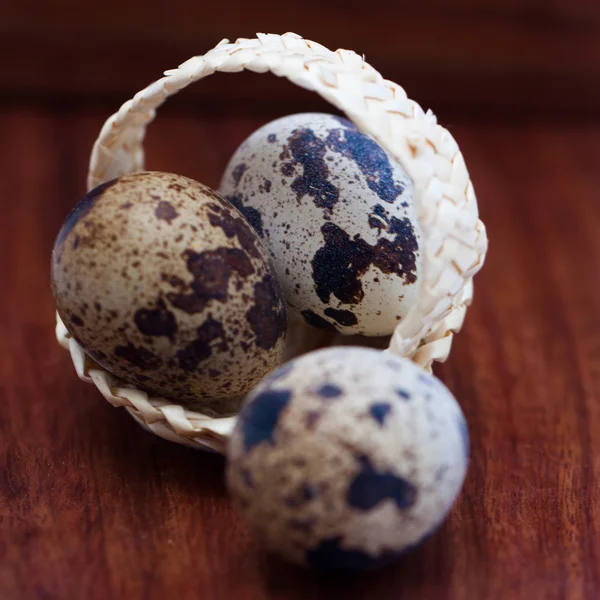 Easter still life quail egg in the basket on wooden background — Stock Photo, Image