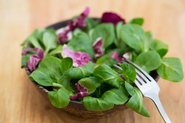 Wooden bowl with corn salad leaves and radicchio — Stock Photo, Image