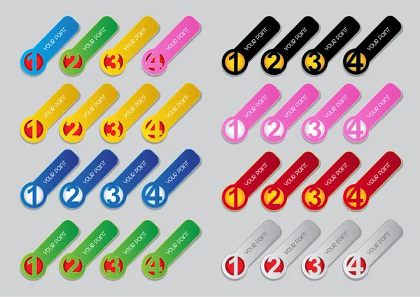 Bir, iki, üç, dört aşamalı etiketleri renk — Stok Vektör