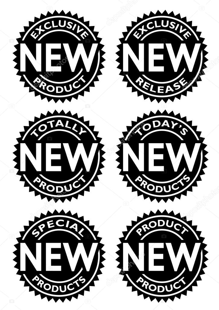 Circular seal for new products or releases in six text variations.
