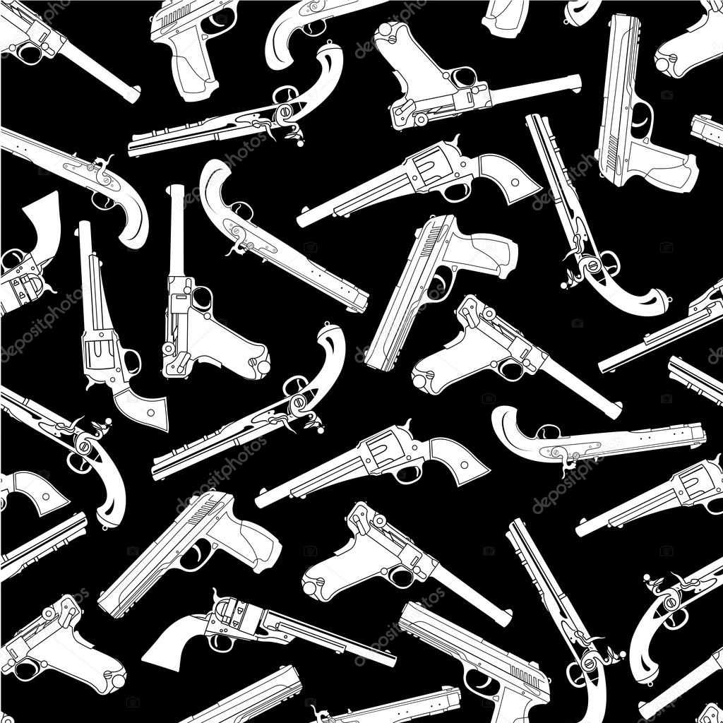 Handgun Silhouettes Seamless Pattern on black background