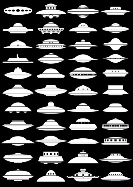 Vintage OVNI Flying Saucer Shapes Siluetas sobre fondo negro — Archivo Imágenes Vectoriales