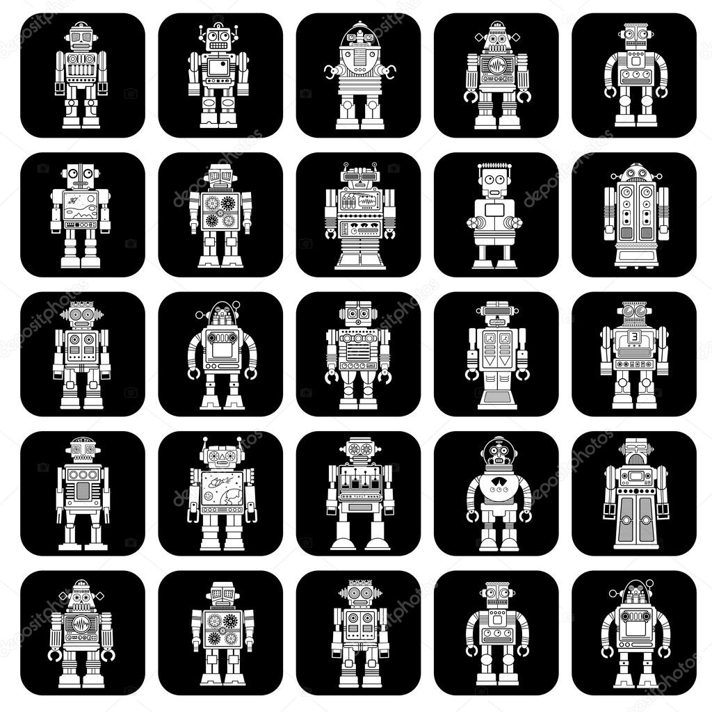 Vintage Tin Toy Robot Icons in Black & White