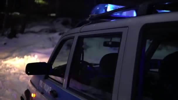 Samochód policyjny miga światła zimą noc Wideo Stockowe bez tantiem