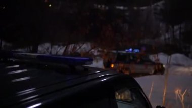 Polis arabasının yanıp sönen ışıkları kış gecesi