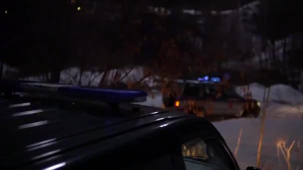 Polícia carro piscando luzes noite inverno — Vídeo de Stock