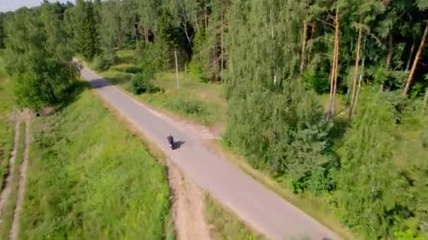 A young man rides a motorcycle outside the city. Drone — Stock Video