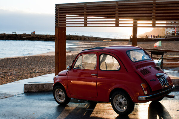 Italy, Sicily, Selinunte, October 09 2011, fiat 500 near the beach
