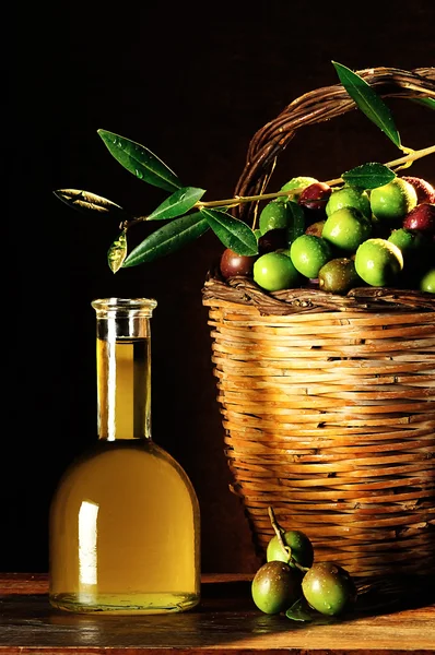 Olivolja med Oliver korg — Stockfoto