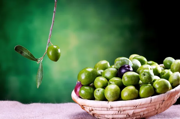 Basket of sicilian green olives — Stock Photo, Image