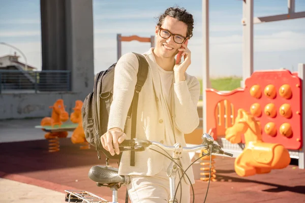 Young Joyful Caucasian Hipster Male Bike Using Mobile Phone Happy — Stock Photo, Image