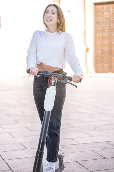Young Smiling Modern Woman Driving Electric Scooter City — Stock Photo, Image