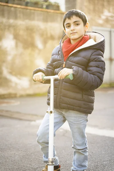 Confident Kid His Push Scooter — Stock Photo, Image