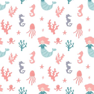 Deniz atı ve deniz kabuğu olan komik bir deniz kızı. Tekstil için pürüzsüz desen