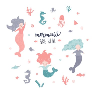 Deniz atı ve deniz kabuğu olan şirin bir deniz kızı. Deniz vektörü etiketleri kümesi.