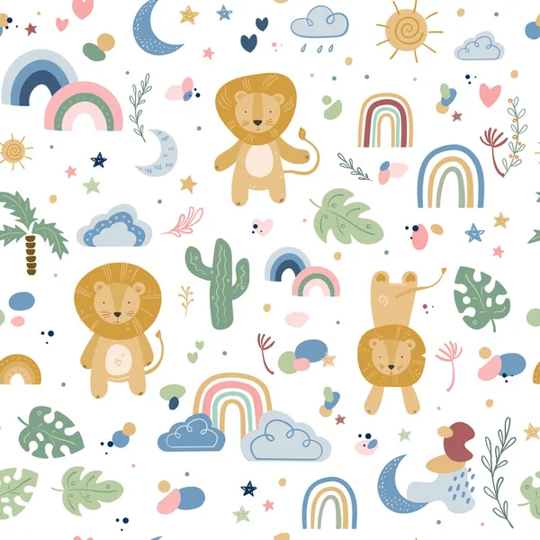 Desenhos animados animais bonitos padrão do bebê com leão —  Vetores de Stock