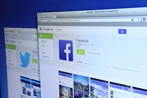 Facebook and Twitter Apps on Google Play — Stock Photo, Image