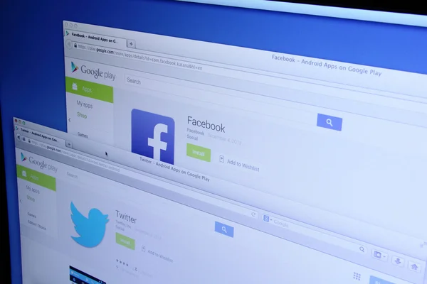 Facebook och twitter apps på google play — Stockfoto