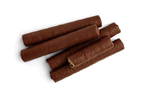 Wafelrollen Gecoat Chocolade Geïsoleerd Witte Achtergrond — Stockfoto