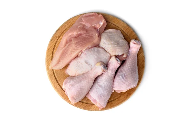 Rohes Hühnerfleisch Filet Dinger Und Beine Auf Holzbrett Isoliert Auf — Stockfoto