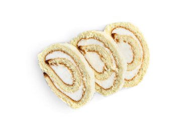 Coconut sponge cake roll biscuit isolated on white background.