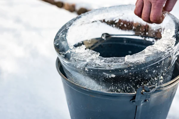 Frozen Water Bucket Winter Season — Stock Photo, Image