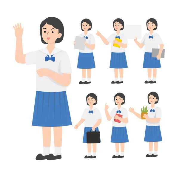Tailandês Estudante Uniforme Desenho Animado Apresentando Conceito — Vetor de Stock