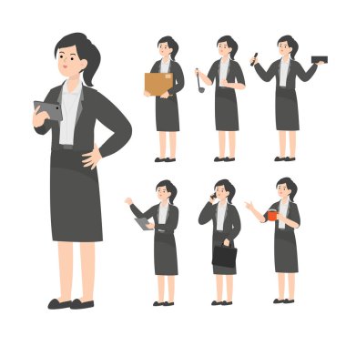 Ofiste çalışan son sınıf kadın karikatür sunumu.