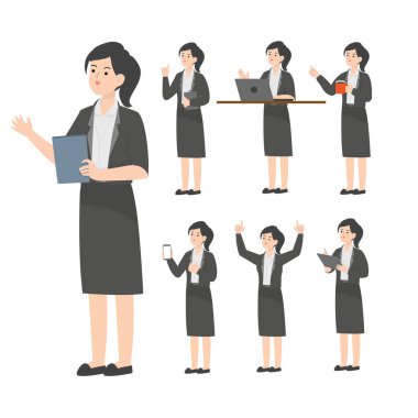 Ofiste çalışan son sınıf kadın karikatür sunumu.