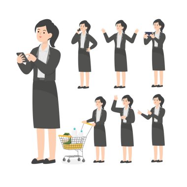 Ofiste çalışan son sınıf kadın karikatür sunumu.