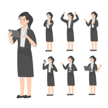 Ofiste çalışan son sınıf kadın karikatür sunumu.