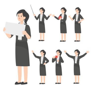 Ofiste çalışan son sınıf kadın karikatür sunumu.