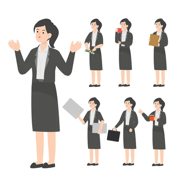 Женщина Работающая Офисе Представляет Мультфильм — стоковый вектор