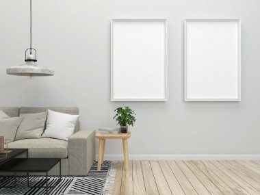 Modern iç planda kanepe mobilyası, oturma odası, İskandinav tarzı, 3 boyutlu çizim, 3 boyutlu resim