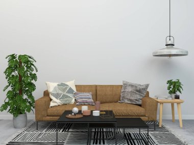 Modern iç planda kanepe mobilyası, oturma odası, İskandinav tarzı, 3 boyutlu çizim, 3 boyutlu resim