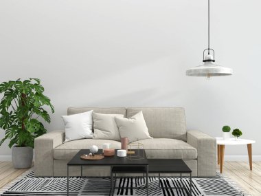 Modern iç planda kanepe mobilyası, oturma odası, İskandinav tarzı, 3 boyutlu çizim, 3 boyutlu resim