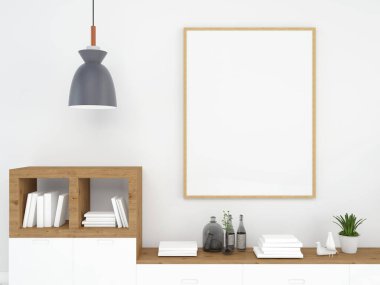 Modern iç planda kanepe mobilyası, oturma odası, İskandinav tarzı, 3 boyutlu çizim, 3 boyutlu resim