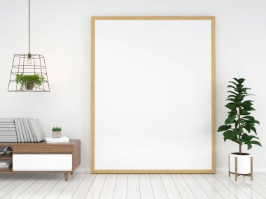 Modern iç planda kanepe mobilyası, oturma odası, İskandinav tarzı, 3 boyutlu çizim, 3 boyutlu resim