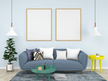 Modern iç planda kanepe mobilyası, oturma odası, İskandinav tarzı, 3 boyutlu çizim, 3 boyutlu resim