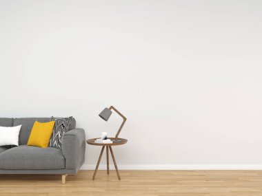 Modern iç planda kanepe mobilyası, oturma odası, İskandinav tarzı, 3 boyutlu çizim, 3 boyutlu resim