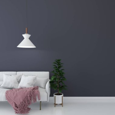 Modern iç planda kanepe mobilyası, oturma odası, İskandinav tarzı, 3 boyutlu çizim, 3 boyutlu resim