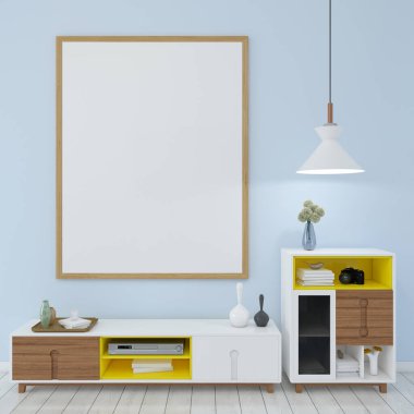 Modern iç planda kanepe mobilyası, oturma odası, İskandinav tarzı, 3 boyutlu çizim, 3 boyutlu resim