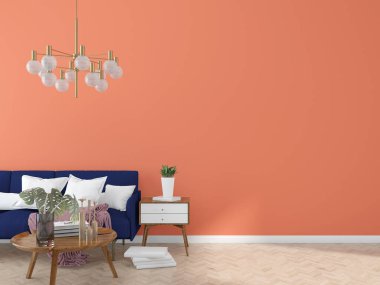 Modern iç planda kanepe mobilyası, oturma odası, İskandinav tarzı, 3 boyutlu çizim, 3 boyutlu resim