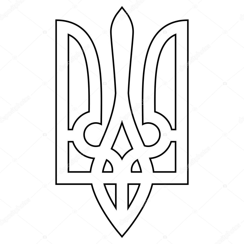 On a white background, the coat of arms of Ukraine is depicted in black outline, one solid continuous line, in vector.