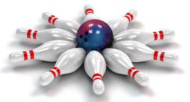 bir bowling topu etrafında aşağı on bowling pin