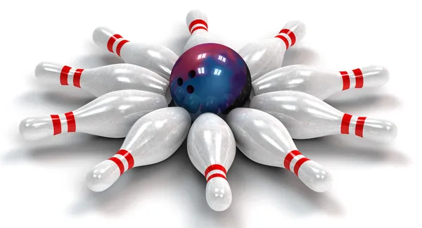 Ten Bowling Pins Down Around a Bowling Ball — Stock Photo, Image