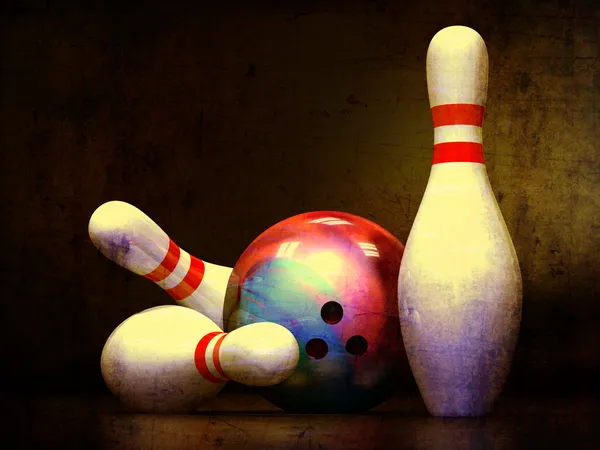 Három Bowling csapok és egy teke labda — Stock Fotó