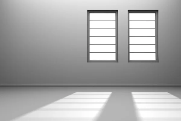 Quarto branco com duas janelas e luz solar fluindo em — Fotografia de Stock