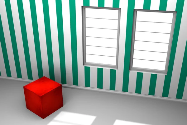 Cubo vermelho em um quarto com listra verde papel de parede — Fotografia de Stock